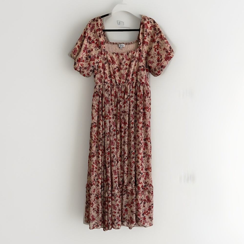POLAGRAM Pink Floral Square Neck Puff Sleeve Maxi Dress Size L